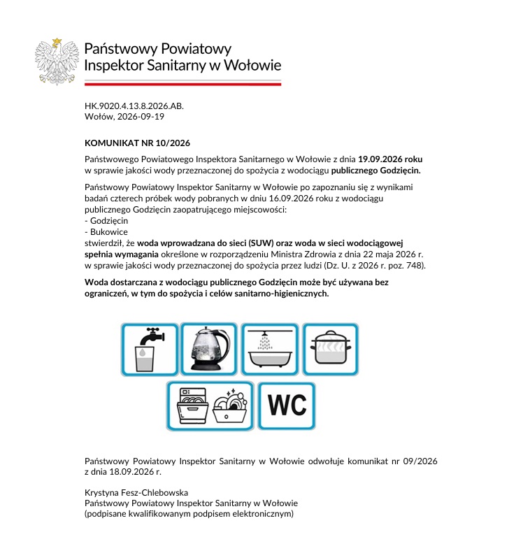 Państwowego	Powiatowego Inspektora Sanitarnego w	Wołowie	z dnia 19.09.2026 roku w&nbsp;sprawie	jakości wody przeznaczonej do	spożycia	z wodociągu	publicznego	Godzięcin.