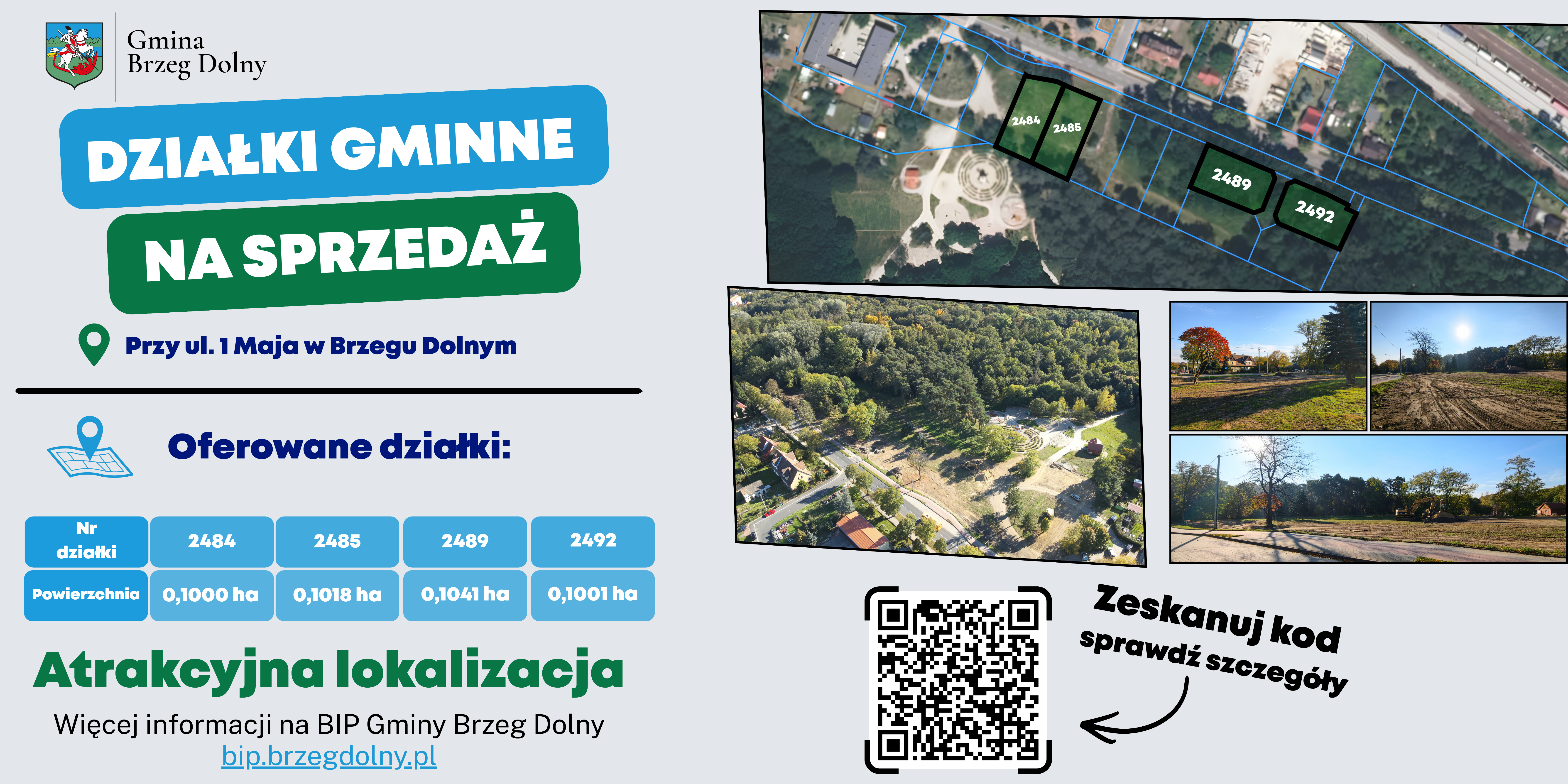Baner dotyczący sprzedaży działek gminnych przy ul. 1 Maja