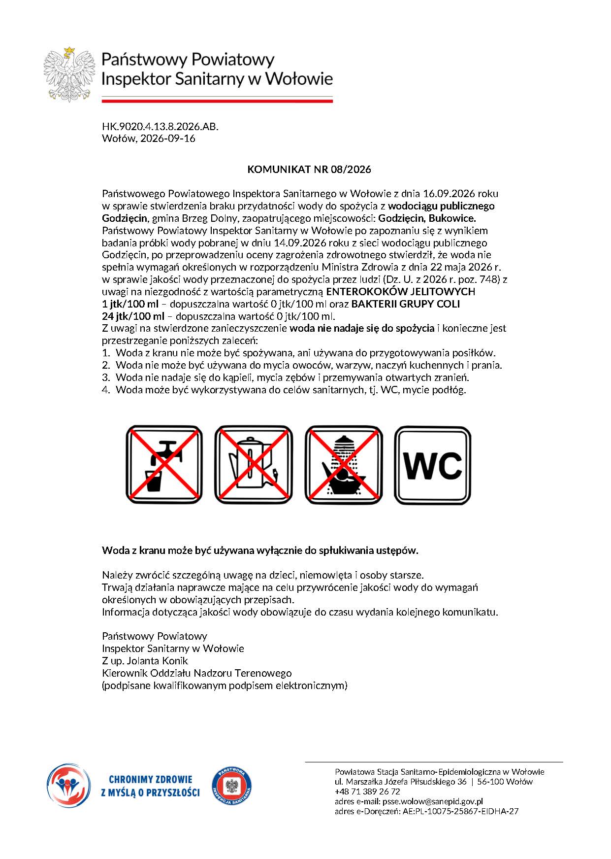 Komunikat dotyczacy jakosci wody z&nbsp;wodociagu publicznego Godziecin 