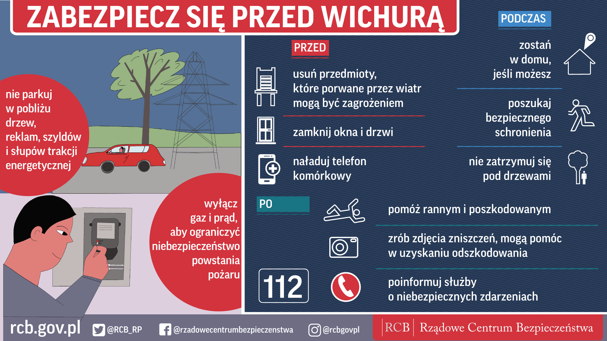 Rządowe Centrum Bezpieczeństwa informuje jak zachować się przed wichurą, co zrobić, gdy trwa i&nbsp;jakie działania należy podjąć po jej zakończeniu 