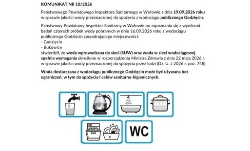 Państwowego	Powiatowego Inspektora Sanitarnego w	Wołowie	z dnia 19.09.2026 roku w sprawie	jakości wody przeznaczonej do	spożycia	z wodociągu	publicznego	Godzięcin.