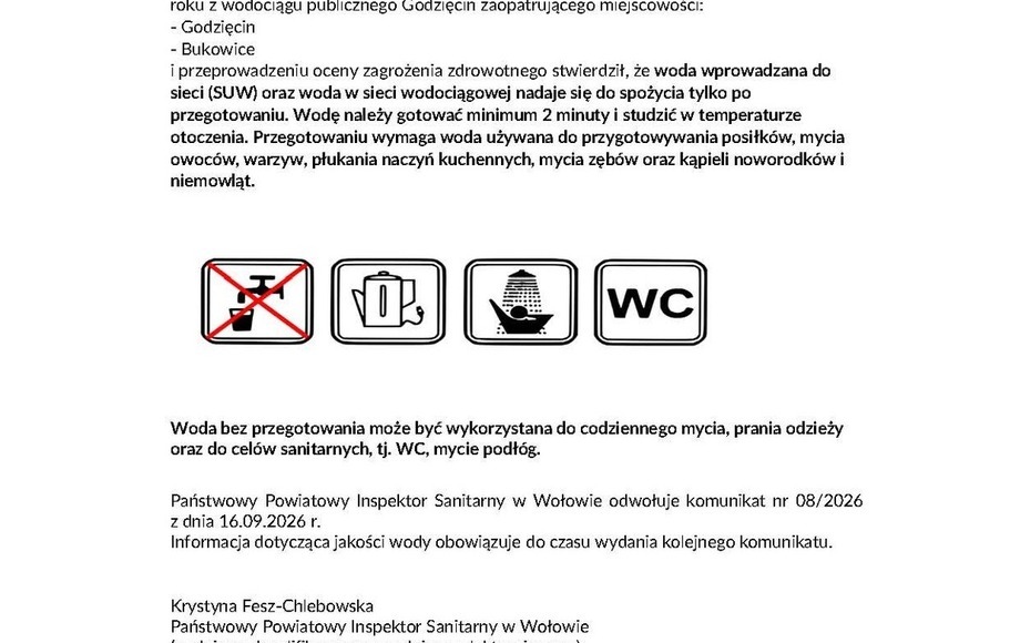 Woda z wodociągu Godzięcin nadaje się do spożycia tylko po przegotowaniu