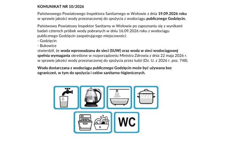 Woda z wodociągu publicznego Godzięcin spełnia wymagania jakości – komunikat nr 10/2026